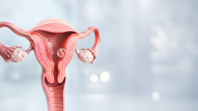 Uterus implantation medical website banner with embryo attached to endometrial lining, photorealistic reproductive anatomy illustration with copy space for fertility, pregnancy and patient education