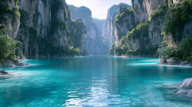 hidden emerald lake at the bottom of an enormous deep canyon, surrounded by towering vertical cliffs, crystal clear turquoise water reflecting dramatic rock formations.