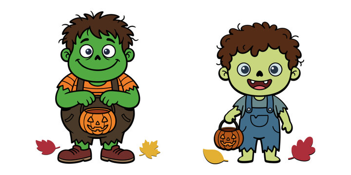 Two cute zombie boy vector characters in costume holding pumpkin treat buckets surrounded by autumn leaves for kids halloween celebration.