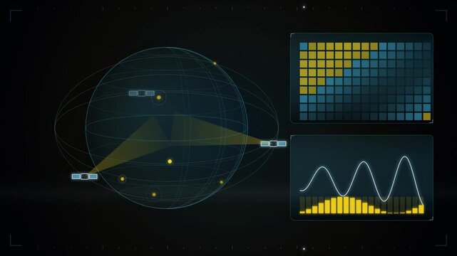 Abstract animated satellite observing the earth below drawn as yellow and gold lines and shapes on a deep dark background. Seamless looping 4K motion graphics video with free space for text, ideal for