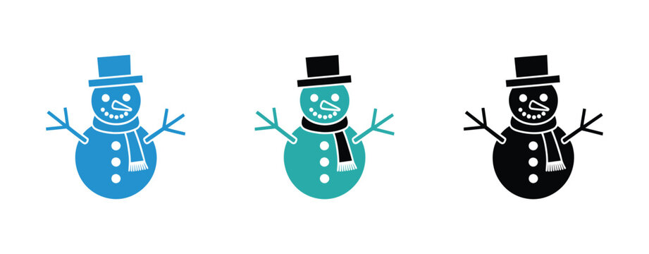Snowman winter holiday icon set, classic snowman figure with top hat, scarf, branch arms, and carrot nose symbols in multiple style variations including bright blue, teal green, black.