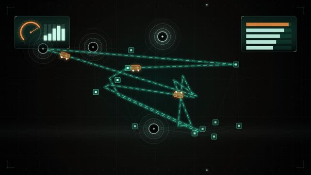 Abstract animated routes optimised across a delivery network drawn as cyan and teal lines and shapes on a deep dark background. Seamless looping 4K motion graphics video with free space for text, idea