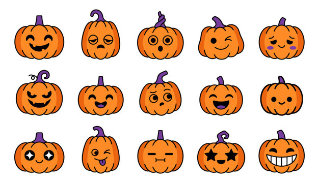 Cute pumpkin emoticons set with fifteen different funny cartoon jack o lantern expressions for Halloween sticker design and decoration.