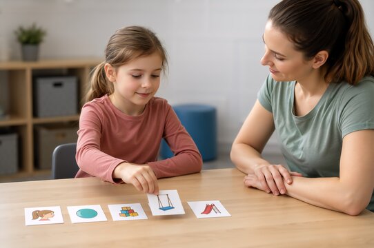 Speech therapist guiding a young girl through picture cards during early language development assessment, supporting communication skills, autism and developmental delay therapy