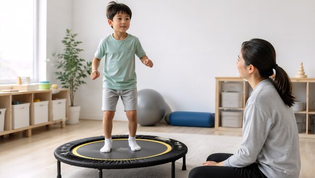 Asian boy jumping on a mini trampoline at home during sensory therapy. Active play supporting attention, coordination, motor development, and autism spectrum needs.
