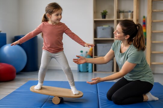 Girl balancing on therapy board during pediatric occupational therapy session with therapist support. Motor coordination and sensory integration exercise for developmental support.