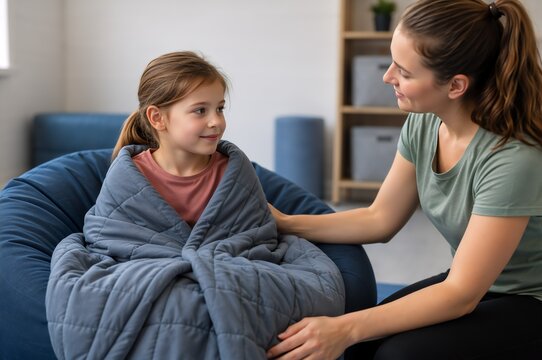 Mother and daughter sitting together at home during a supportive conversation about child development, communication challenges, autism awareness and emotional connection