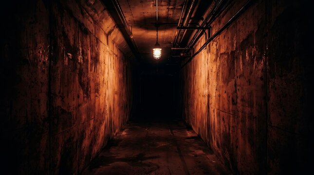 Dark Tunnel With A Single Hanging Light Bulb Creating A Creepy