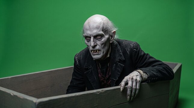 Pale Creepy Nosferatu Vampire Rising From Wooden Coffin on Green Screen