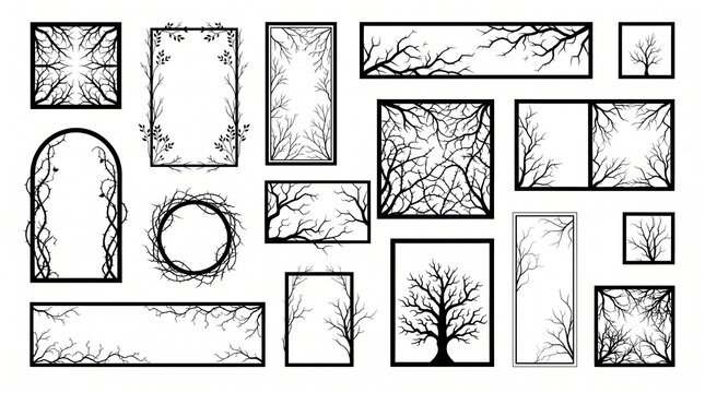 Black and white tree branch frames and borders for graphic design and print templates