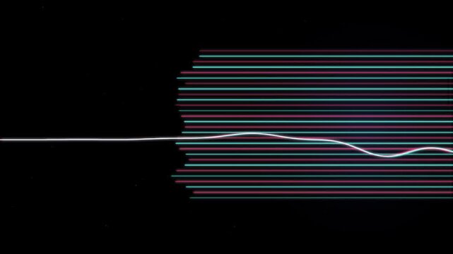 Digital neon audio waveform undulating across cyan and pink scanlines on black background