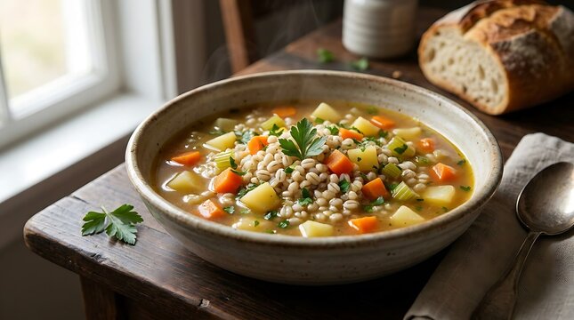 A warm bowl of fresh vegetable lentil soup served with crusty bread on a wooden table by the window. gerstensuppe