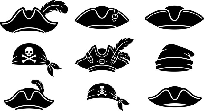 Set of pirate hats and headwear icons