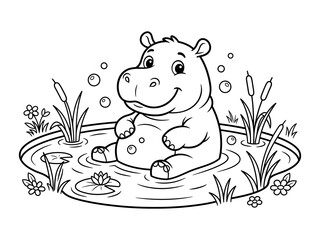 Fototapeta premium Cute cartoon hippo relaxing in pond with bubbles and plants isolated on transparent background