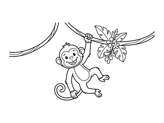 Playful monkey swinging from vines detailed line art isolated on transparent background © Abul