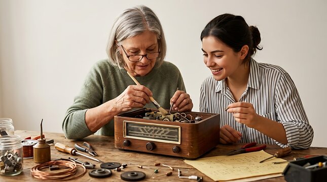 Senior Woman and Young Woman Repairing Vintage Radio Together for a
