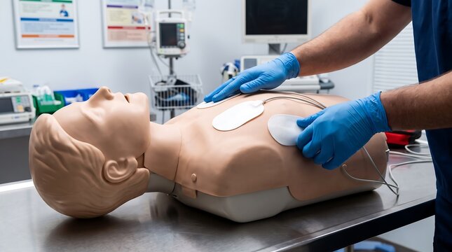 Gloved hands placing unbranded emergency defibrillator pads on CPR training mannequin in clinical setting - Basic Life Support Course