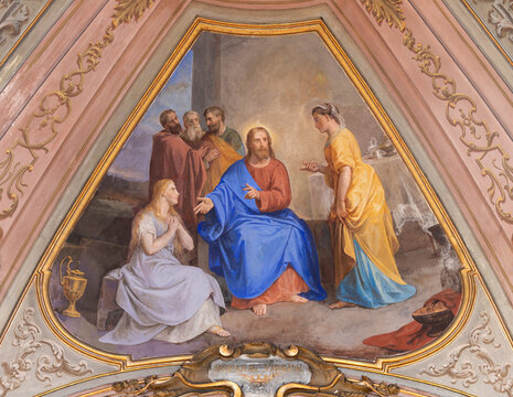Vigevano - The ceiling fresco of Jesus with the Martha and Mary in the church Chiesa di Santa Maria del Popolo by Giovan Battista Garberini (1888).