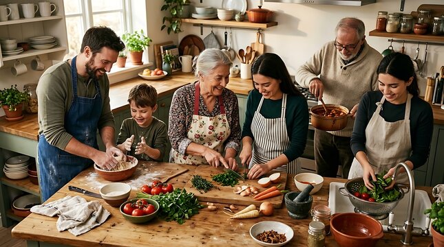 Happy Family Cooking Together in a Rustic Kitchen Preparing Healthy