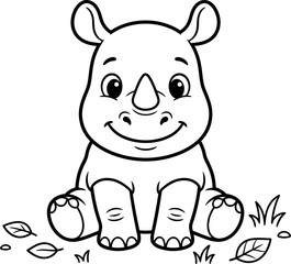 Cute cartoon rhino illustration sitting with leaves and grass isolated on transparent background © Abul