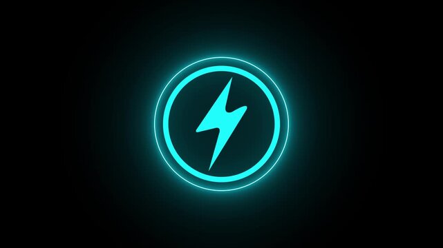 Neon glowing battery charging icon animation with neon circle. Neon power button icon color glowing colorful animation in black background