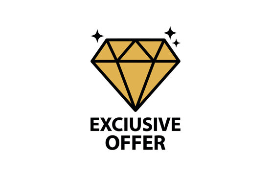 Exclusive offer yellow diamond icon with black text and sparkling stars graphic element