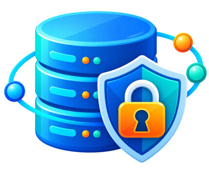 Blue servers stack beside a shield with a padlock. Data protection concept, secure storage, digital safety. Ideal for tech, cybersecurity, cloud services, or IT visuals. Bright, clean, modern design