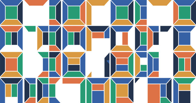 Abstract geometric pattern featuring colorful rectangular blocks arranged in a repetitive grid design on a white background