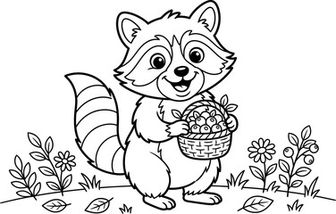 Cute raccoon carrying a basket of fruit illustration isolated on transparent background © Abul