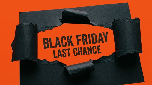 Black Friday Last Chance Sale Announcement with Torn Paper Effect on Orange Background