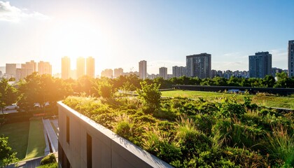 Fototapeta premium Urban Green Roof with City Skyline at Sunrise.