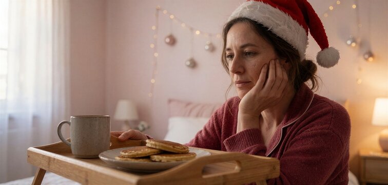 Woman in Santa hat enjoys holiday Christmas breakfast at home, looking thoughtfully at food on a wooden tray.
