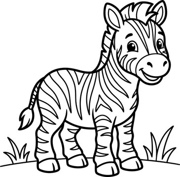 Cute baby zebra cartoon illustration with grass black and white drawing isolated on transparent background