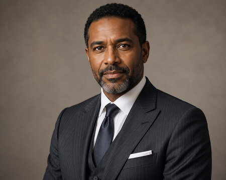 Studio business portrait of a Afro-Caribbean man. Wearing a premium pinstripe dark gray suit, dark silk tie, poised and authoritative presence