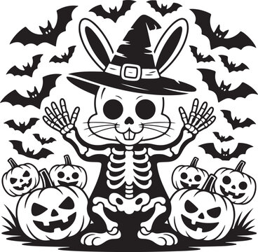 Skeleton bunny in witch hat with pumpkins and bats for Halloween holiday design