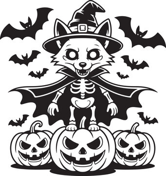 Skeleton fox in witch hat with pumpkins and bats for Halloween holiday design