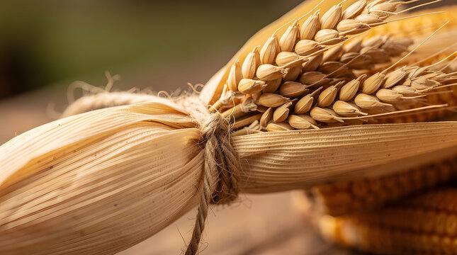 Wheat stalks and dried corn cobs lie tied with twine on a wooden table.