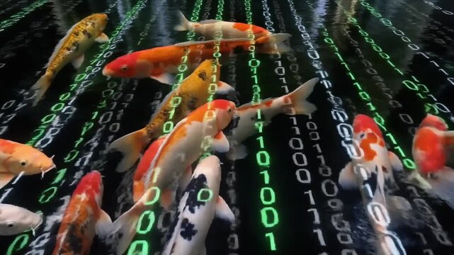 Koi Fish Swimming Through Digital Binary Code Stream - Futuristic Technology Concept