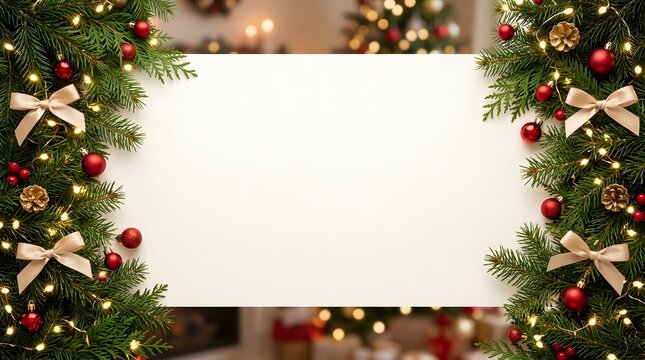 Blank white paper card frame decorated with festive christmas tree branches and glowing fairy lights