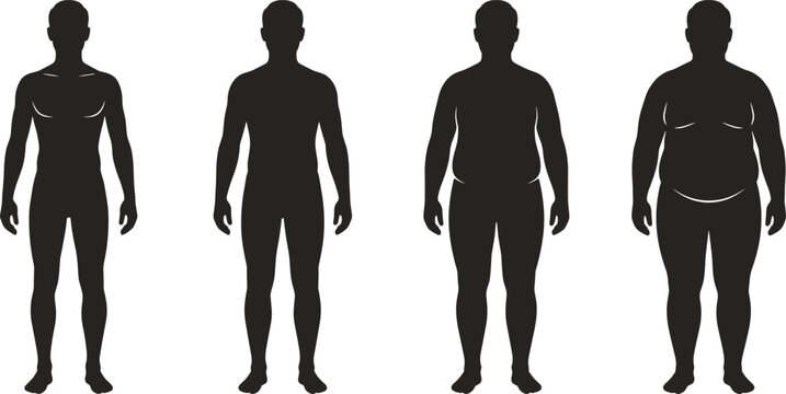 Set of male silhouettes showing different body types from thin to obese