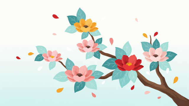 Branch with pink and yellow flowers and falling petals botanical blooming