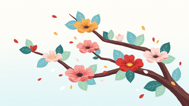 Branch with pink and yellow flowers and falling petals botanical blooming