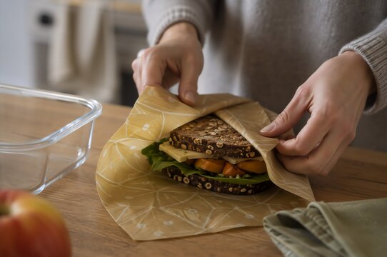 Woman preparing healthy packed lunch with sandwiches and fresh vegetables in reusable containers on a kitchen table. Meal preparation, calorie control and balanced workday nutrition concept.