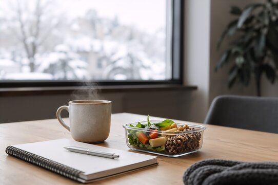 Healthy packed lunch with salad, vegetables, grains, coffee and notebook on a desk. Meal preparation, workplace nutrition and calorie conscious eating concept.