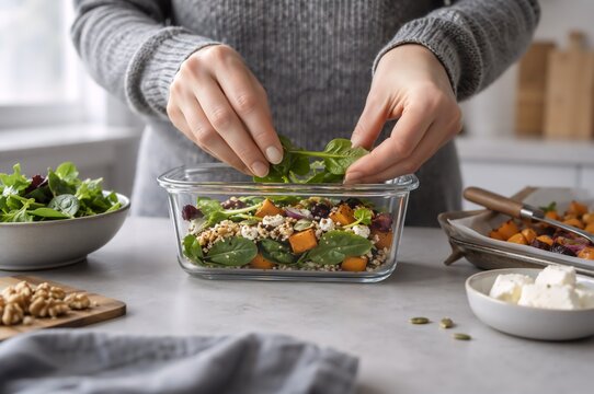 Woman preparing healthy salad meal in glass containers for work lunch, with fresh greens, vegetables, grains and portion control concept for balanced eating