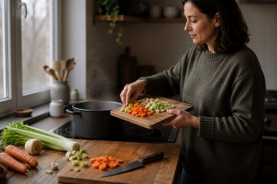 Woman preparing healthy meal prep with chopped vegetables and containers in a home kitchen. Nutritious lunch planning, calorie control and balanced eating concept.