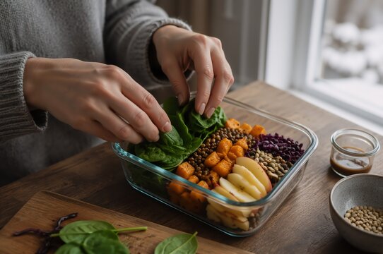 Woman preparing healthy meal portions in glass containers with greens, lentils, vegetables and fruit for work lunch planning and calorie conscious nutrition