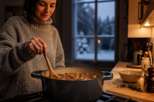 Woman preparing a healthy meal in a kitchen with containers and ingredients. Balanced nutrition and meal preparation concept for calorie counting, work lunch planning, and mindful eating.