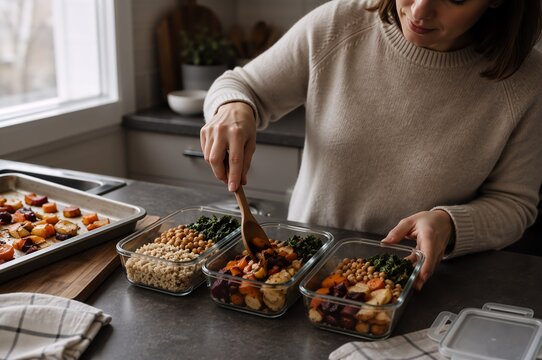 Woman preparing healthy meal containers with vegetables, grains, chickpeas and greens on a kitchen table. Weekly meal planning, calorie control and nutritious lunch preparation.
