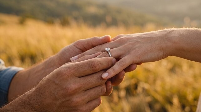 Close-up of a man putting an engagement ring on a woman's finger outdoors in a natural field.
